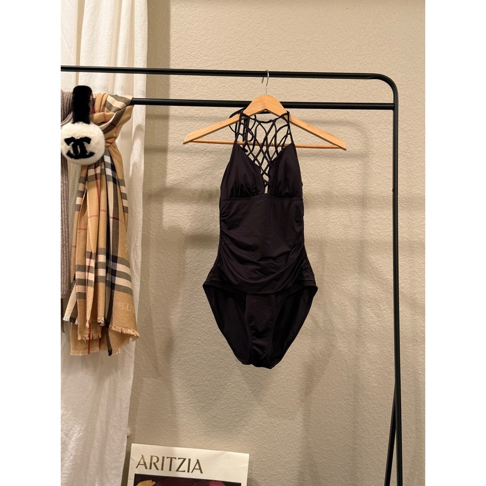 Apt. 9 Womens Black Lattice Macrame Halter One Piece Swimsuit Ruched Size L